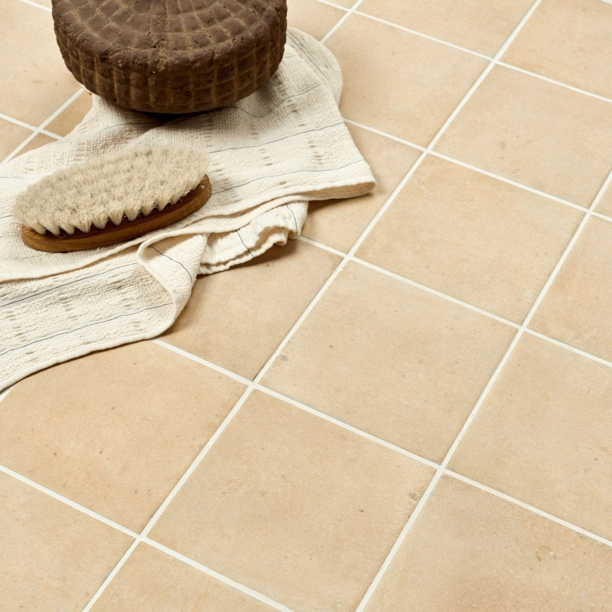 Beige menara cotto porcelain matt square tiles with white grout lines for durable indoor flooring