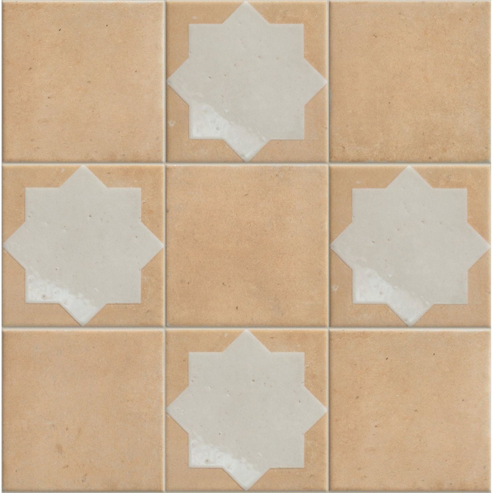 Beige menara cotto porcelain matt ceramic tiles with glossy white star-shaped inlay pattern for elegant flooring