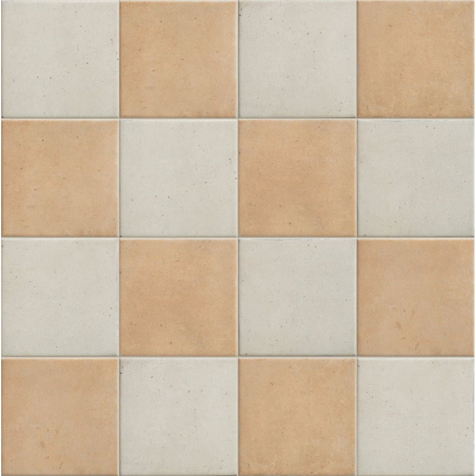 Menara white porcelain gloss square tiles in creamy white and warm beige checkerboard pattern with natural texture