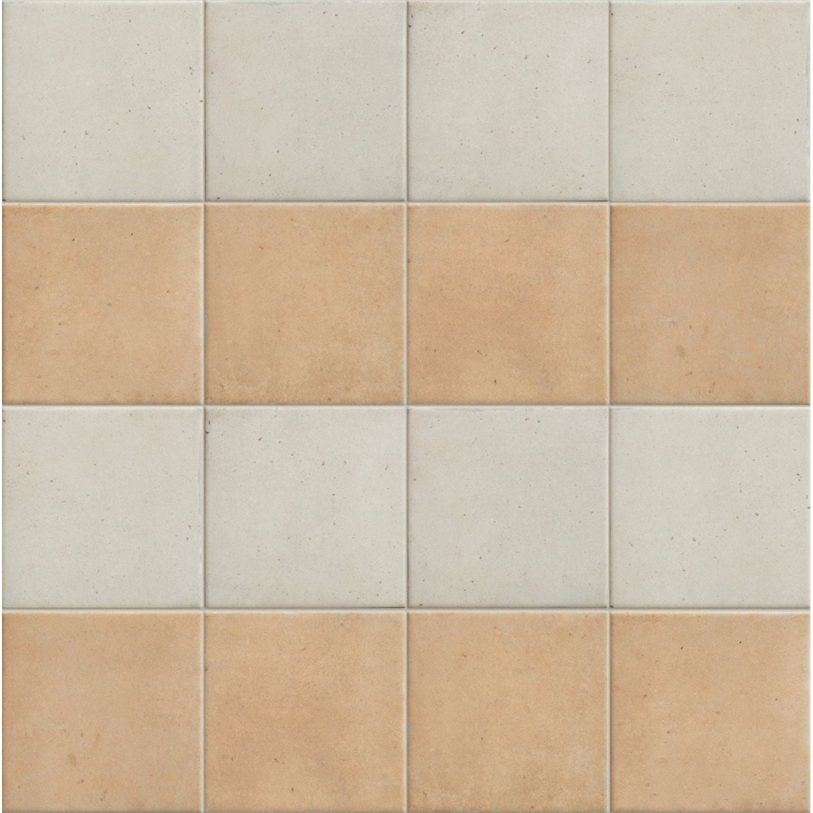 Menara white porcelain matt beige and off-white square ceramic tiles arranged in a checkerboard pattern