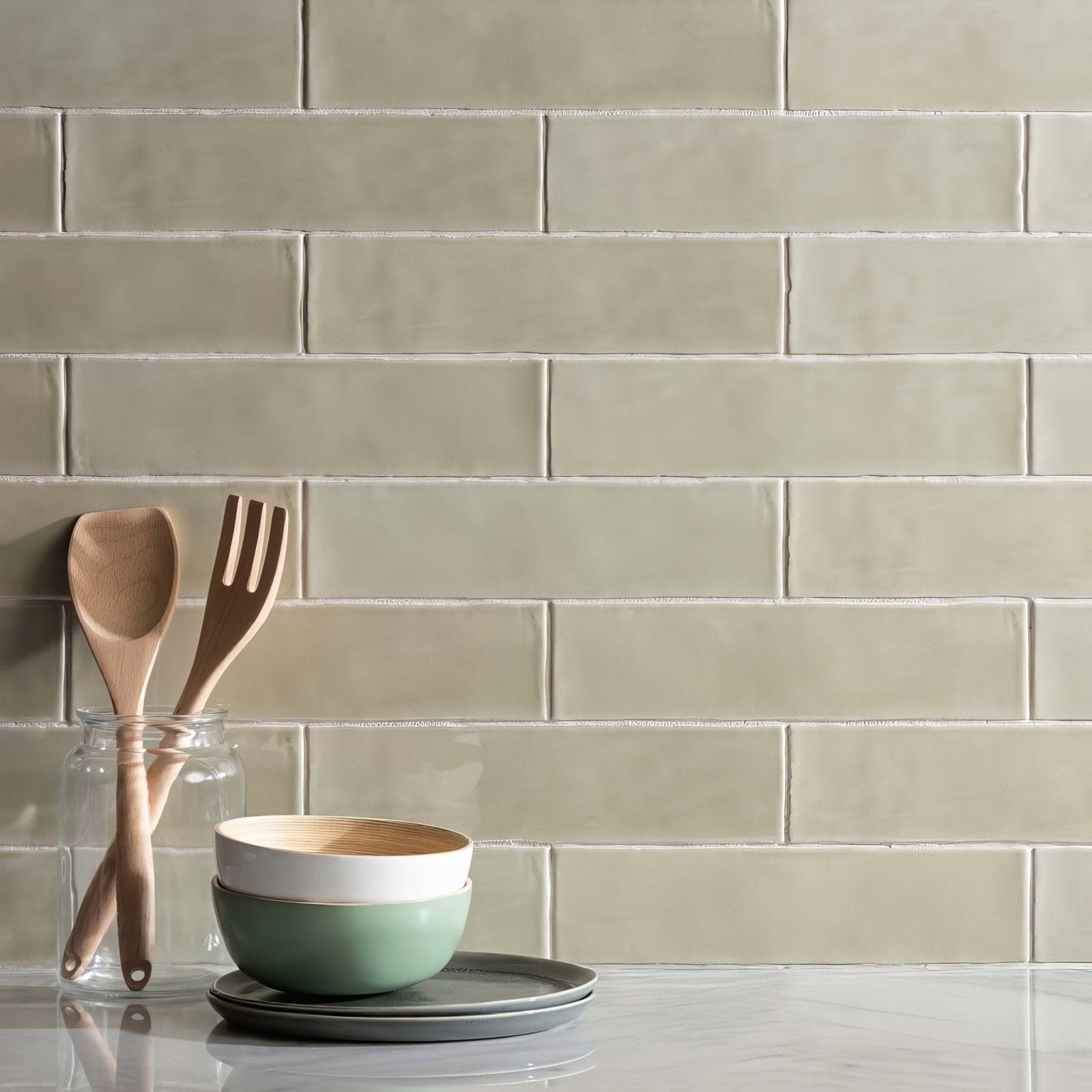 Stack of two ceramic bowls with white exterior and light green interior matching mere large brick tile colors