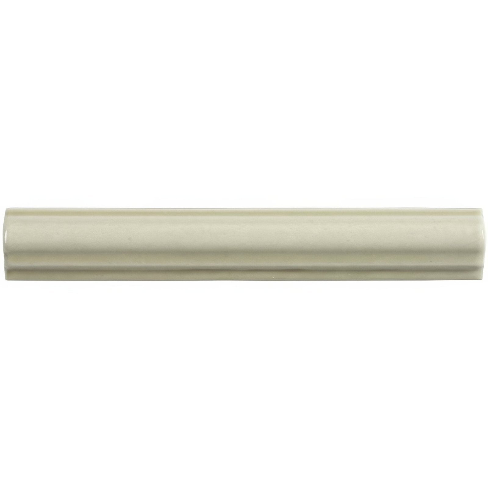 Cream-colored ceramic mere ogee moulding tile with smooth glossy finish and subtle horizontal ridges along its length