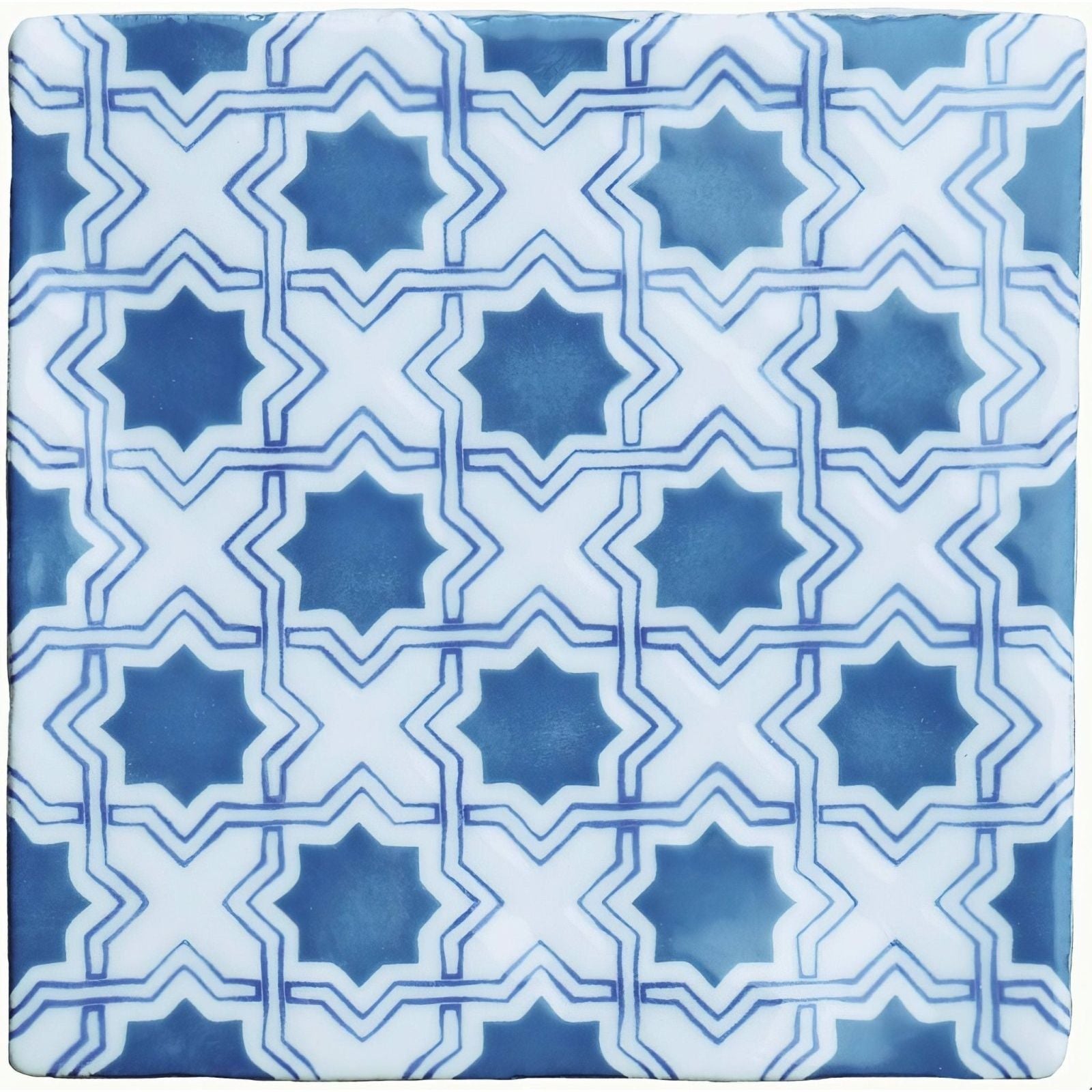 Blue and white ceramic tile merles on papyrus with geometric star pattern for decorative wall use