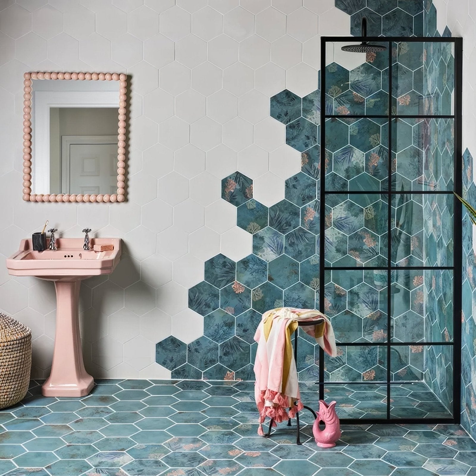 Pink porcelain pedestal sink with chrome fixtures and matching beaded mirror from mermaids garden porcelain collection