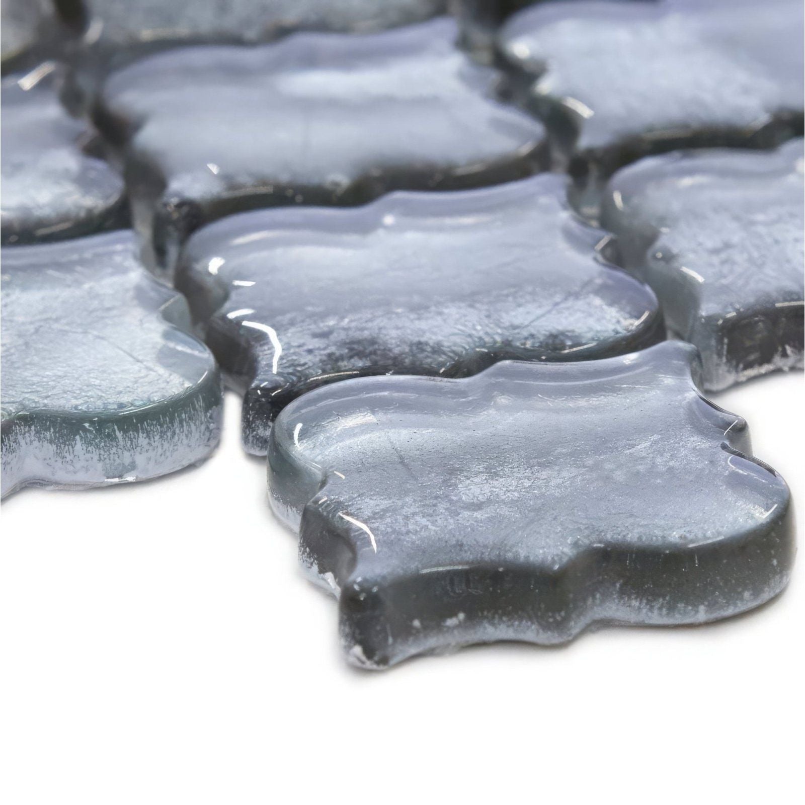 Metallic vitreum argentum arabesque silver glass tile with gray translucent frosted mosaic and scalloped edges