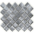 Silver metallic quatrefoil mosaic tile with textured reflective surface in metallic vitreum argentum arabesque glass design