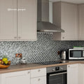 Metallic Vitreum Argentum Arabesque Silver Glass Tile silver glass mosaic backsplash with a stainless steel range hood