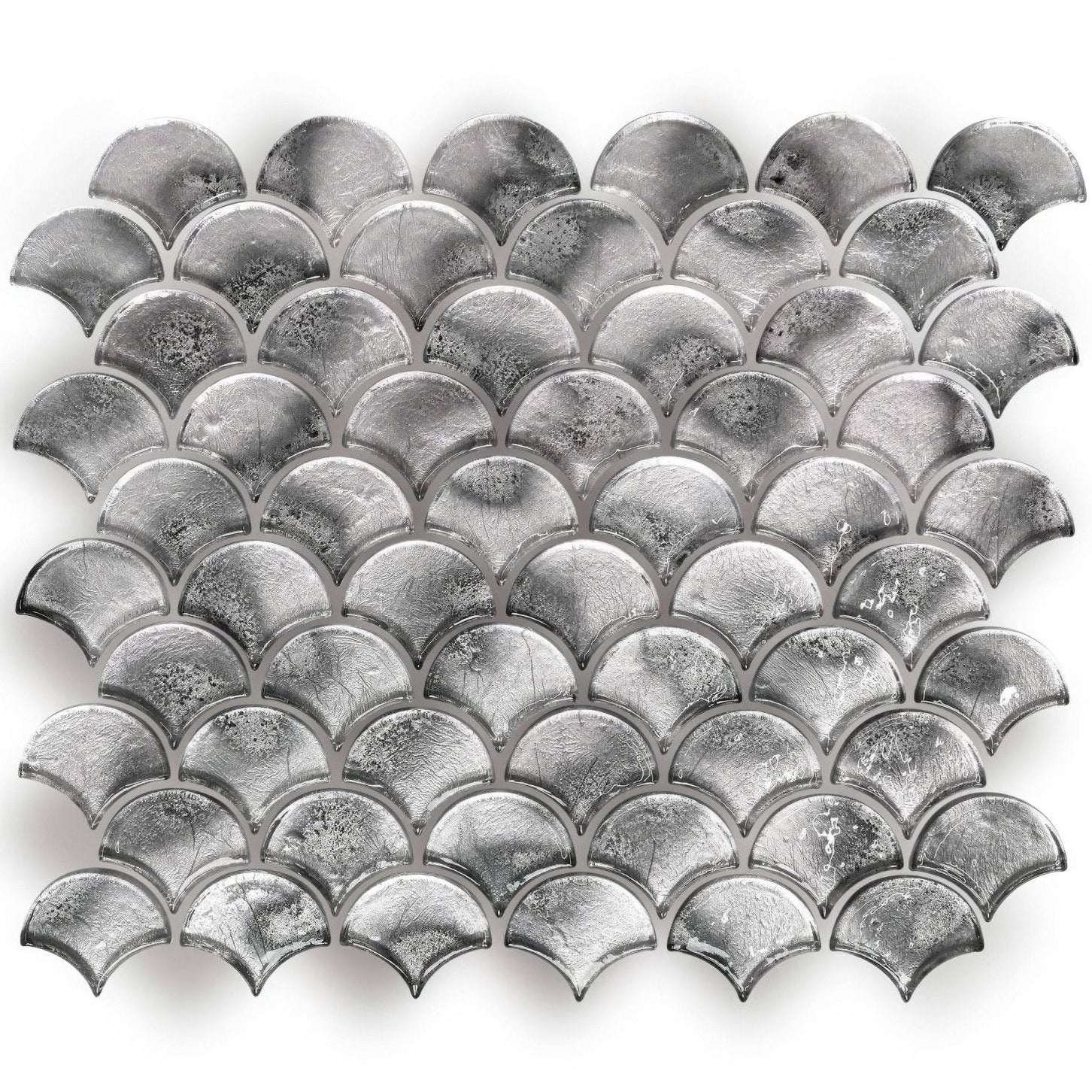 Metallic vitreum argentum fan silver glass tile with silver fish-scale mosaic pattern and textured metallic finish