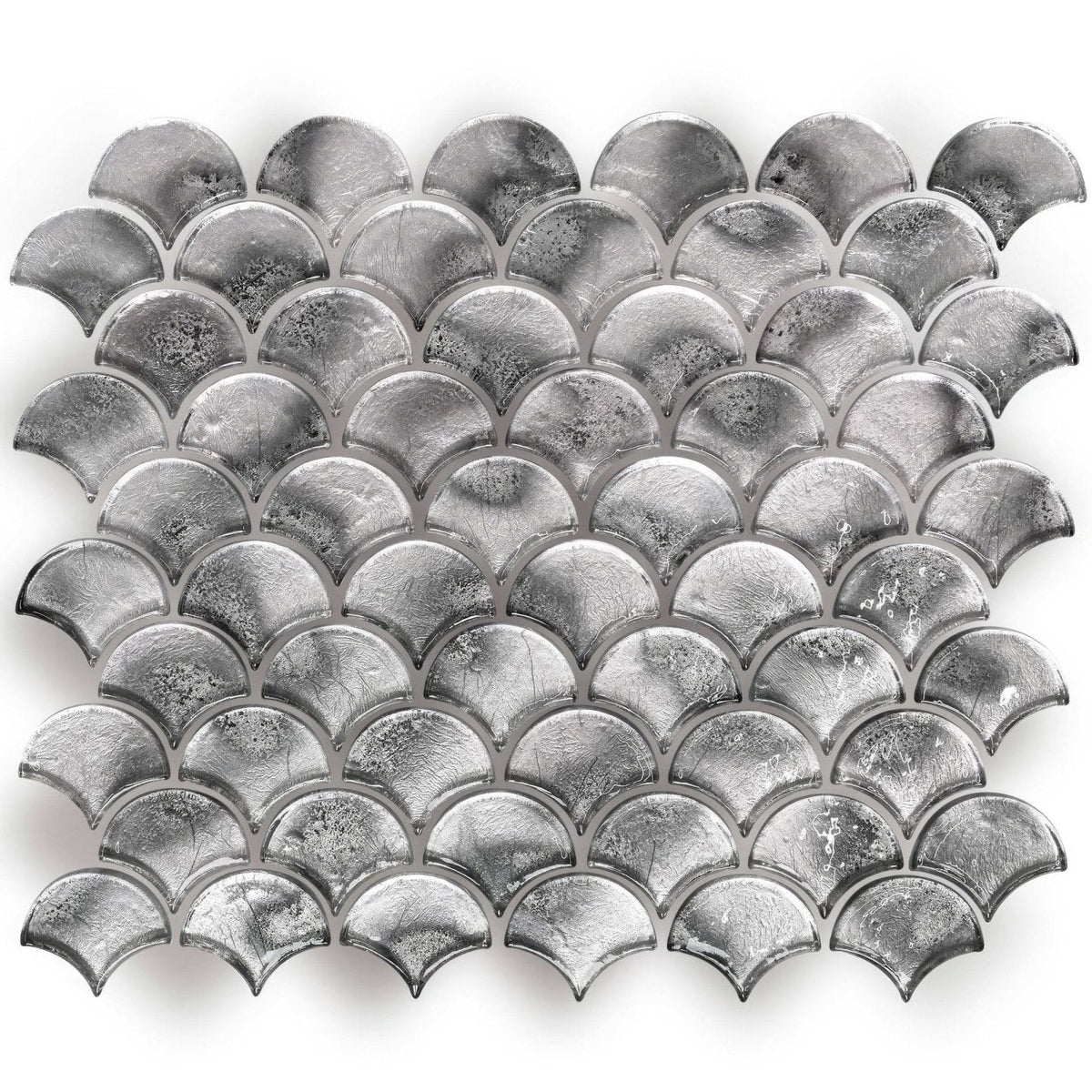 Metallic vitreum argentum fan silver glass tile with silver fish-scale mosaic pattern and textured metallic finish