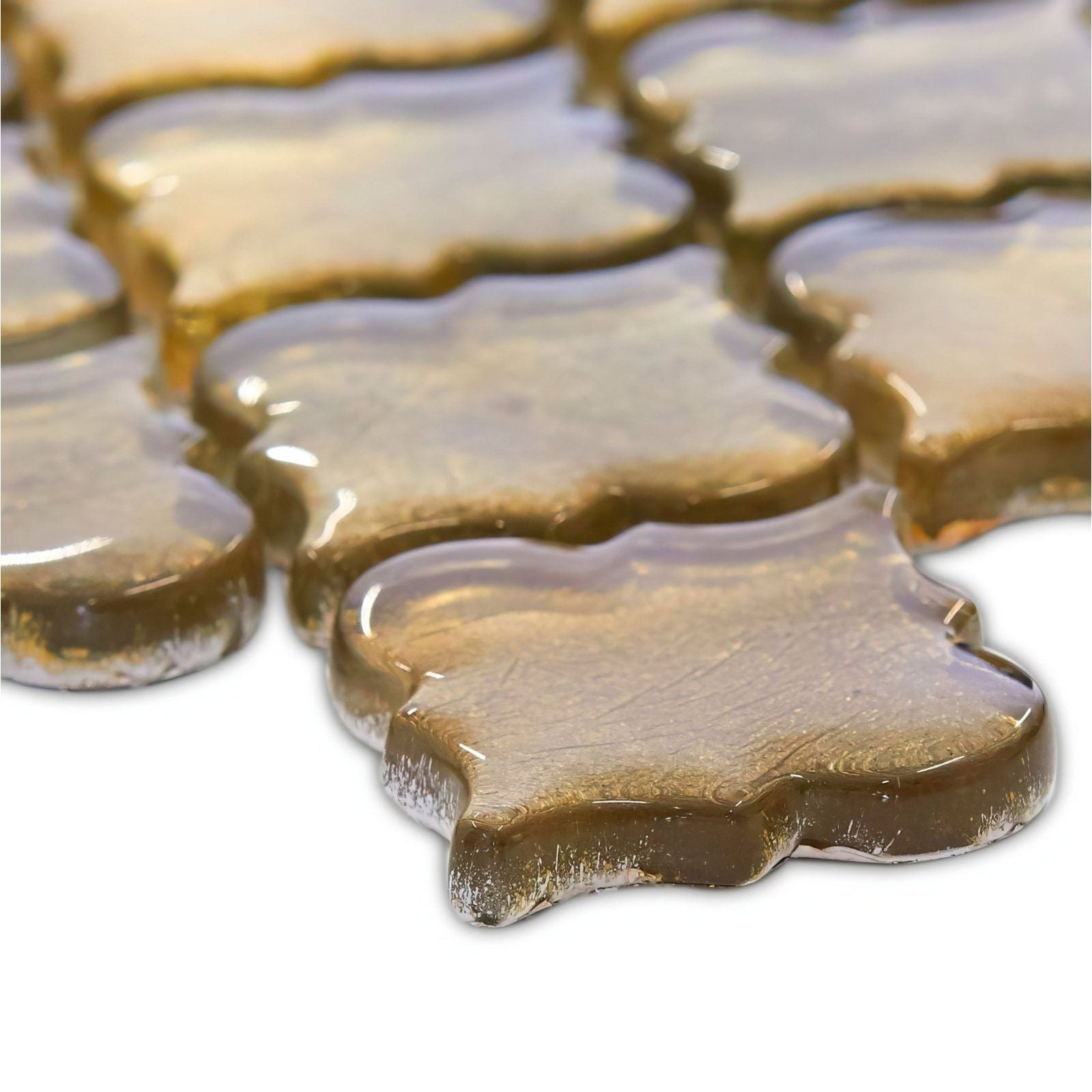 Metallic vitreum aurum arabesque gold glass tile featuring gold-toned translucent glass mosaic tiles with a glossy finish and leaf-like shapes