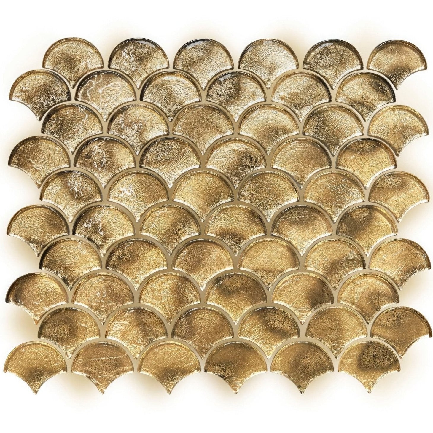 Metallic vitreum aurum fan gold glass tile with golden fish-scale mosaic and textured metallic finish