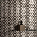 Methone Silver Mixed Finish Penny Round silver penny round mosaic with a taupe soap dispenser