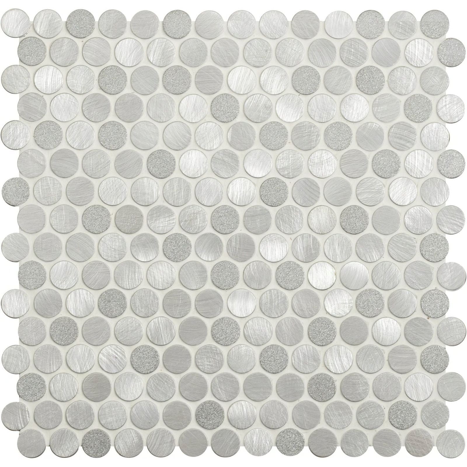 Methone silver mixed finish penny round tile featuring silver metallic circular mosaic with brushed finish and subtle texture variation