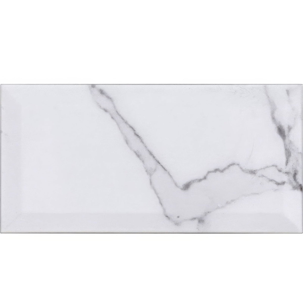 White rectangular metro calacatta gris ceramic gloss tile with subtle gray marble pattern