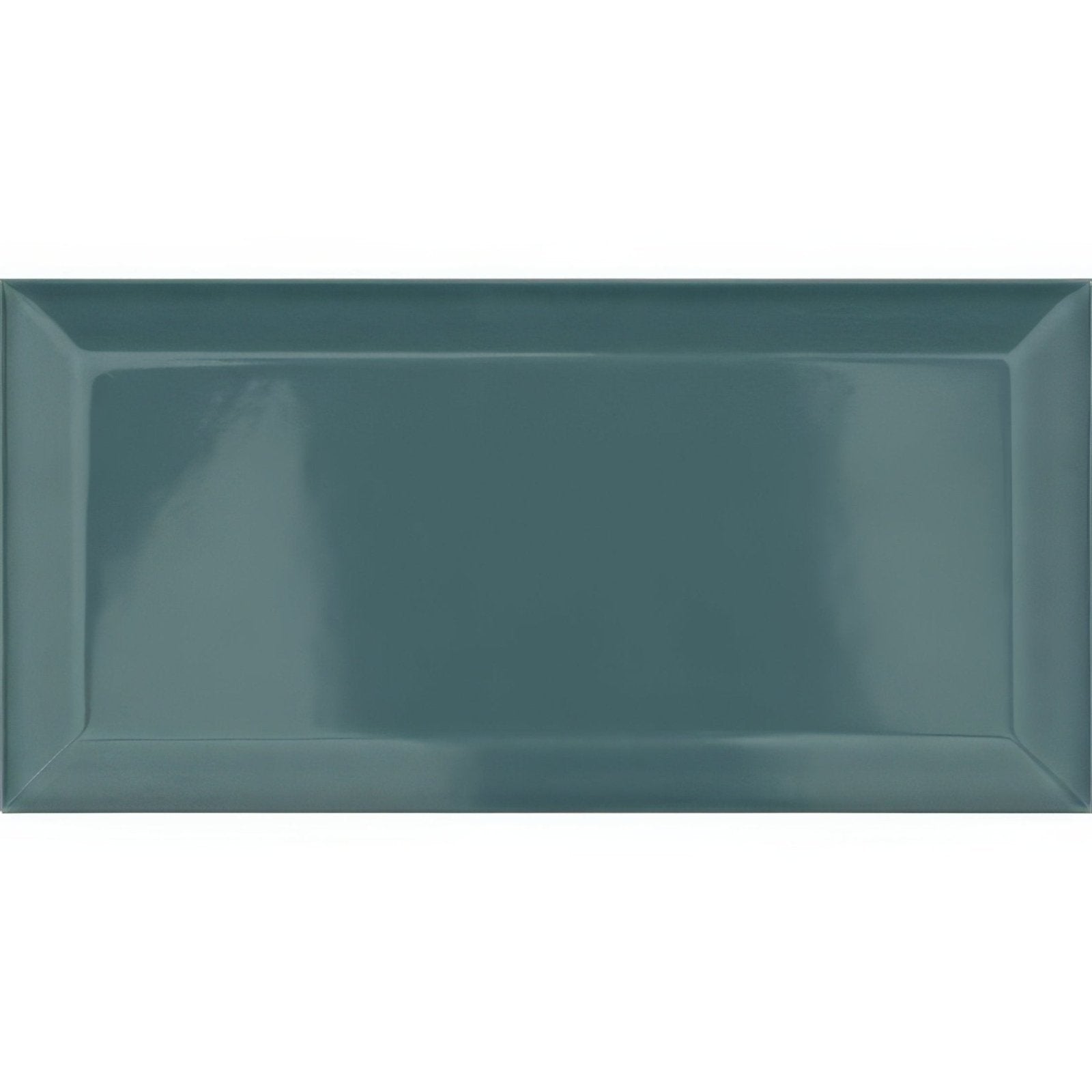 A sleek glossy teal ceramic tile with a subtle raised border and smooth reflective surface metro turquoise ceramic gloss