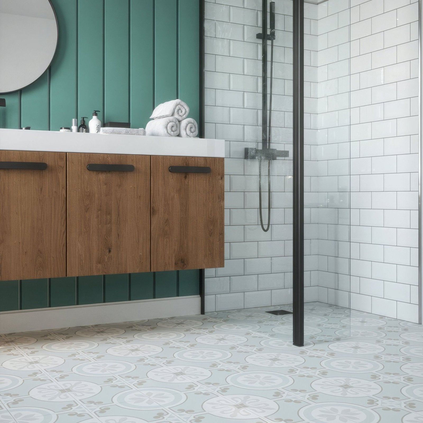 Modern bathroom vanity metro white ceramic gloss with warm wood finish and sleek black handles