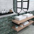 Modern white rectangular vessel sinks with sleek black faucets on a floating wooden vanity metropolitan london