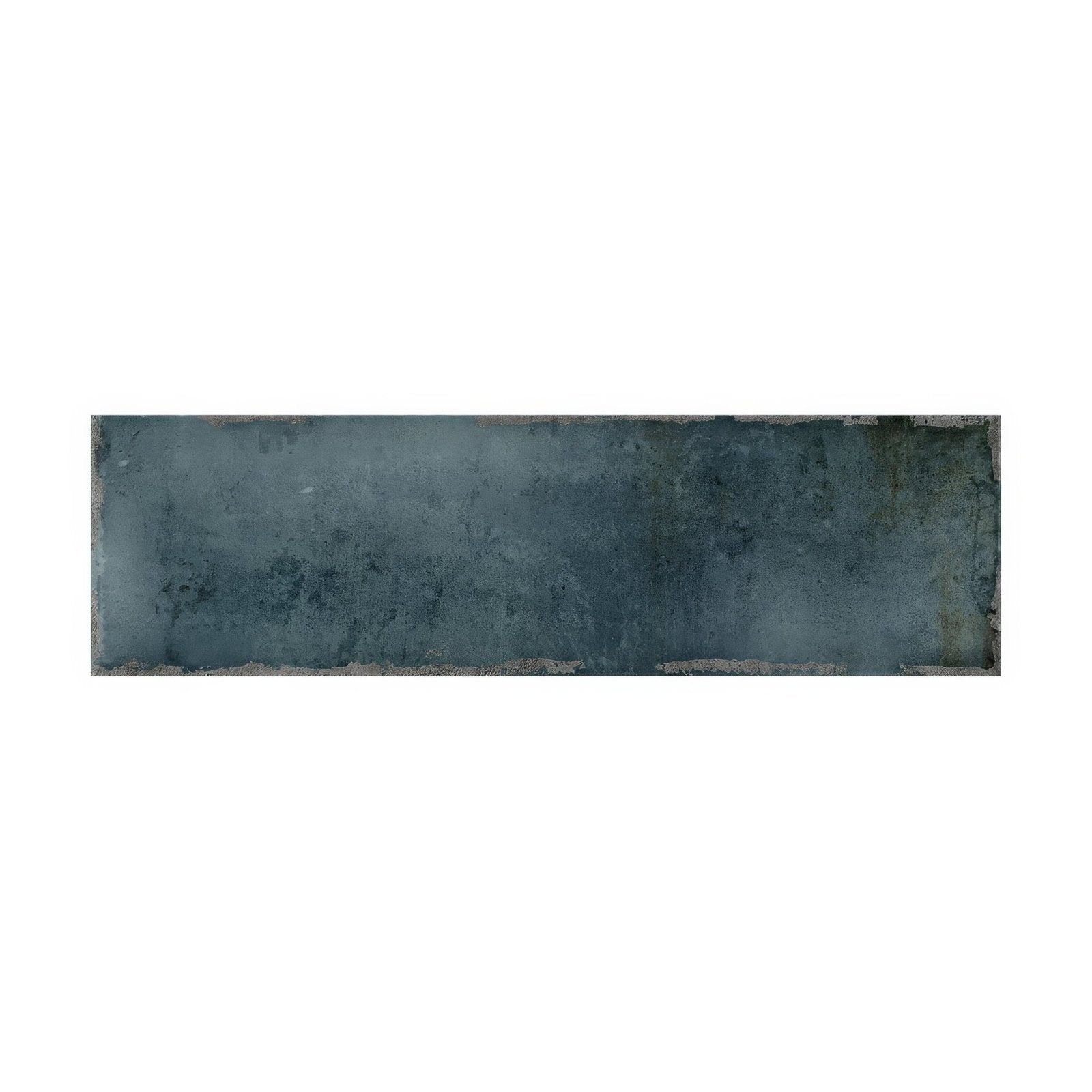 A rectangular ceramic tile metropolitan paris with distressed mottled blue gray glaze and slightly uneven edges
