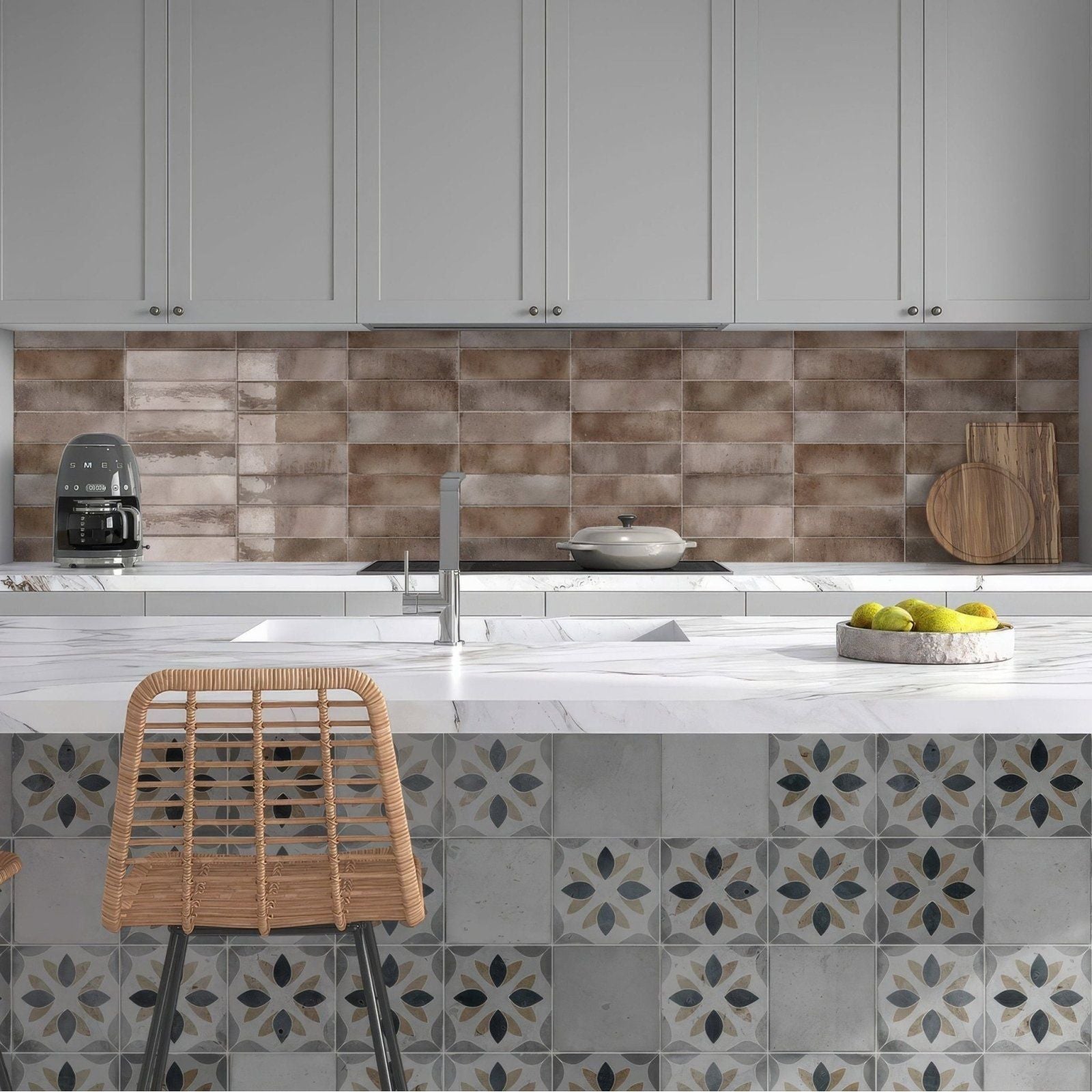 Gray and white patterned tile backsplash metropolitan rome with a subtle textured finish for kitchen walls