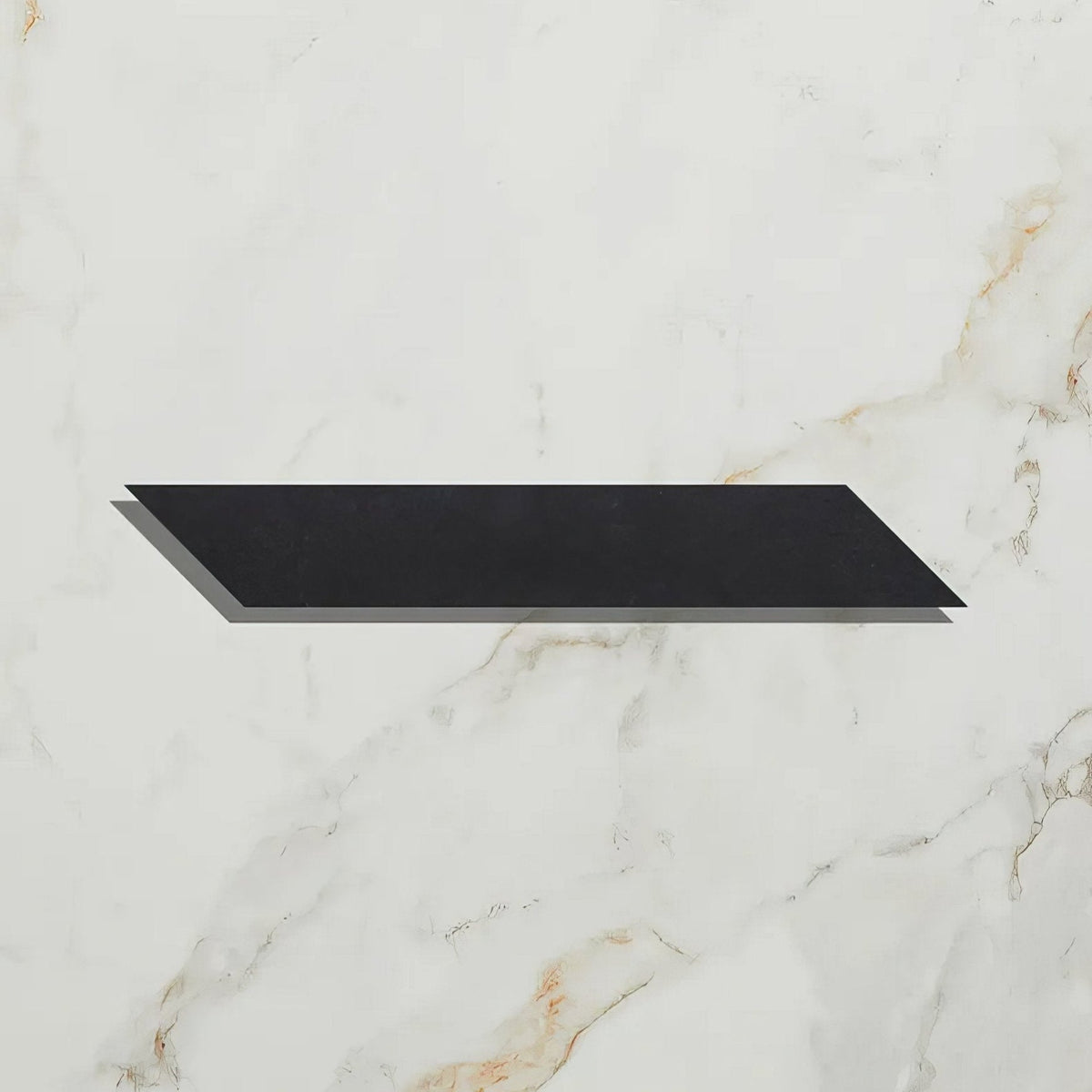 Black rectangular shelf with sleek minimalist design featuring metropolitan slate chevron riven finish