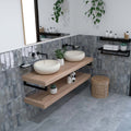 Floating wooden vanity metropolitan sydney with two white ceramic vessel sinks and black metal brackets