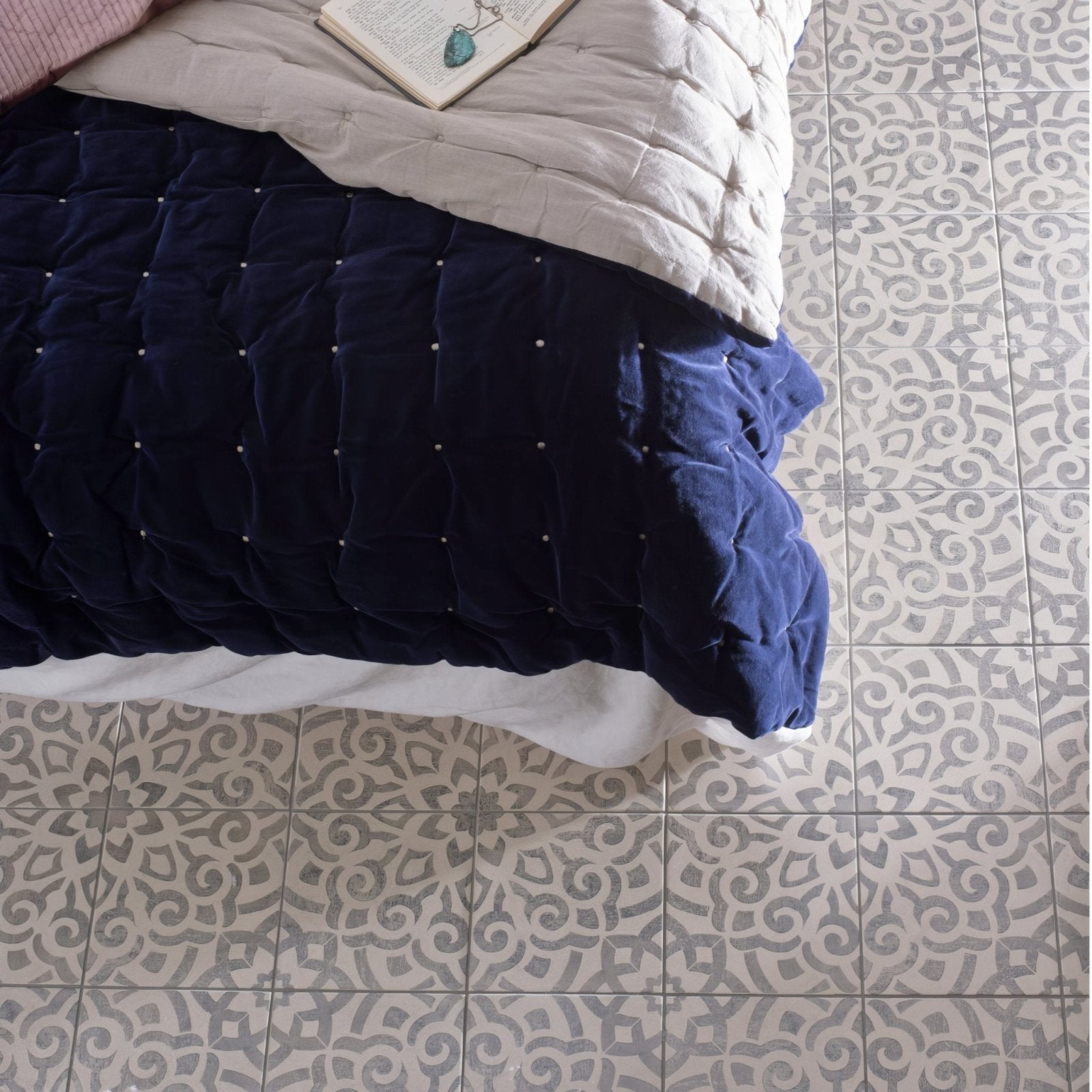 Navy blue velvet quilted comforter with white pearl button accents from mezzo fantasia collection