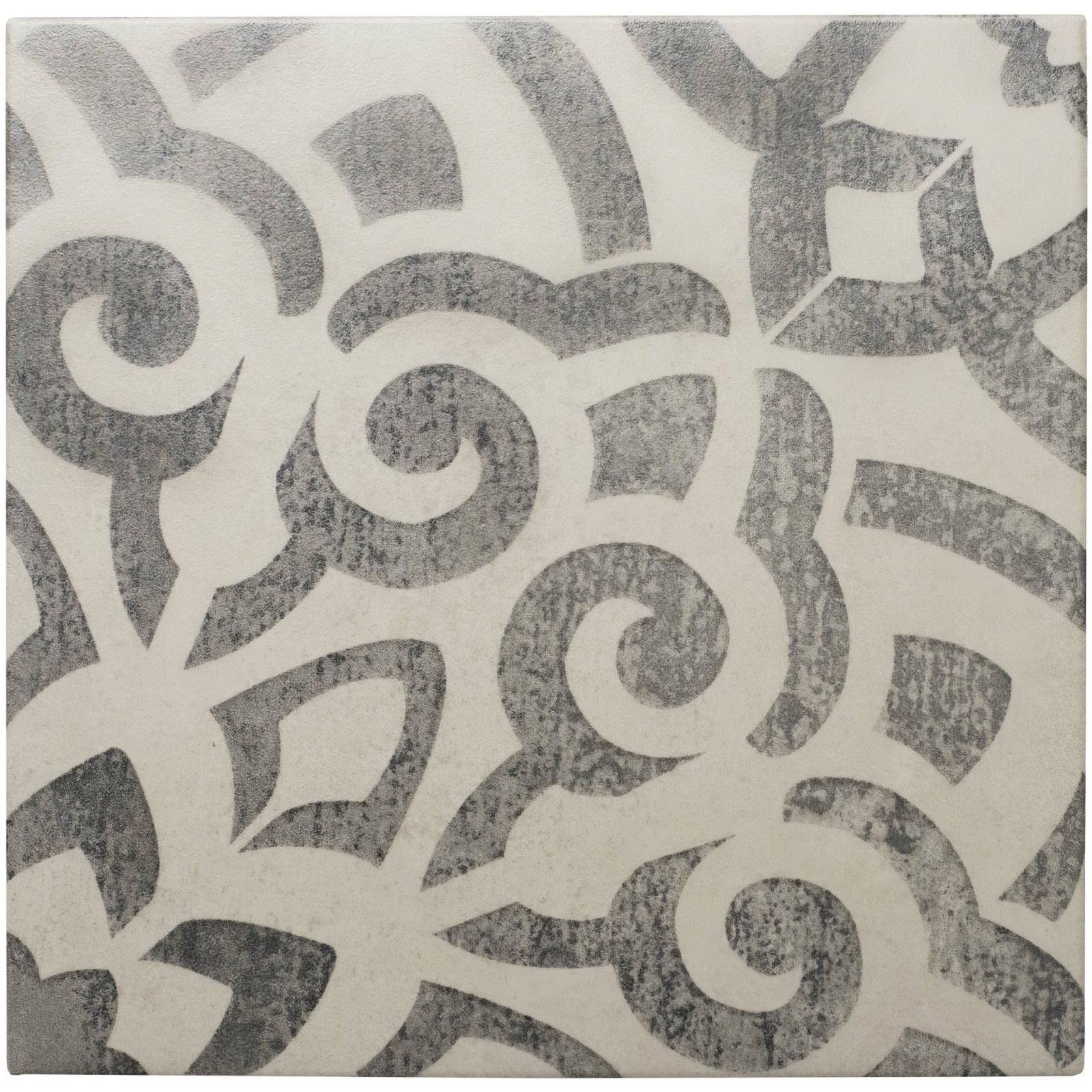 Mezzo fantasia gray and white ornate tile with distressed vintage inspired pattern for decorative use