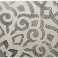 Mezzo fantasia gray and white ornate tile with distressed vintage inspired pattern for decorative use