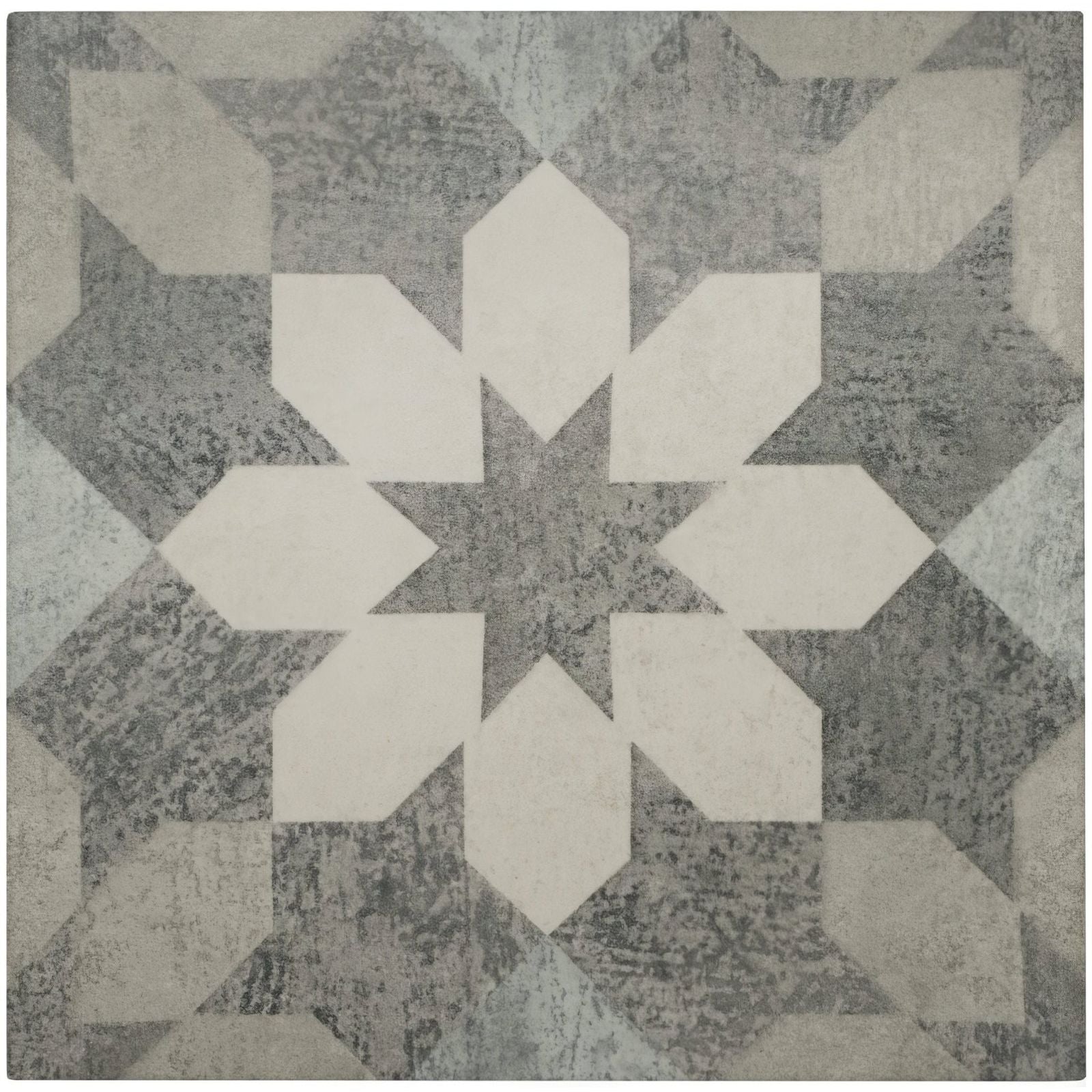 Mezzo molto gray and white ceramic tile with geometric starburst pattern ideal for flooring and walls