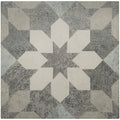 Mezzo molto gray and white ceramic tile with geometric starburst pattern ideal for flooring and walls