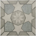 Gray and white geometric patterned tile with central star design from mezzo nocturne collection
