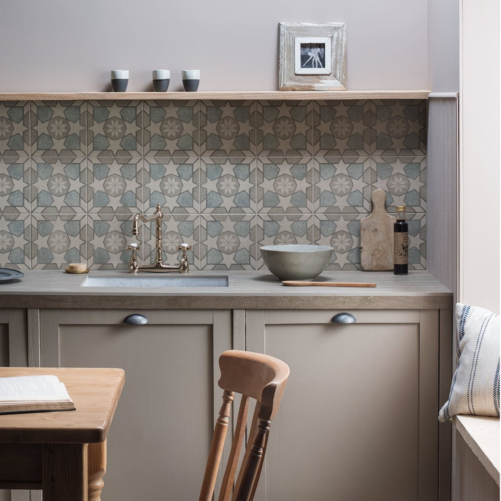 Mezzon nocturne gray patterned ceramic tile backsplash with star and floral motifs for kitchen or bathroom walls