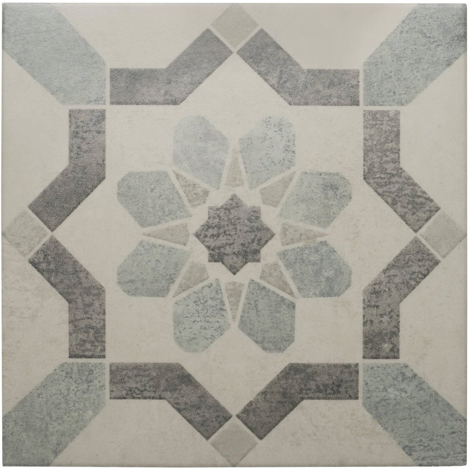 Mezzo Piano square mosaic tile with a symmetrical gray and off-white stone textured starburst geometric pattern