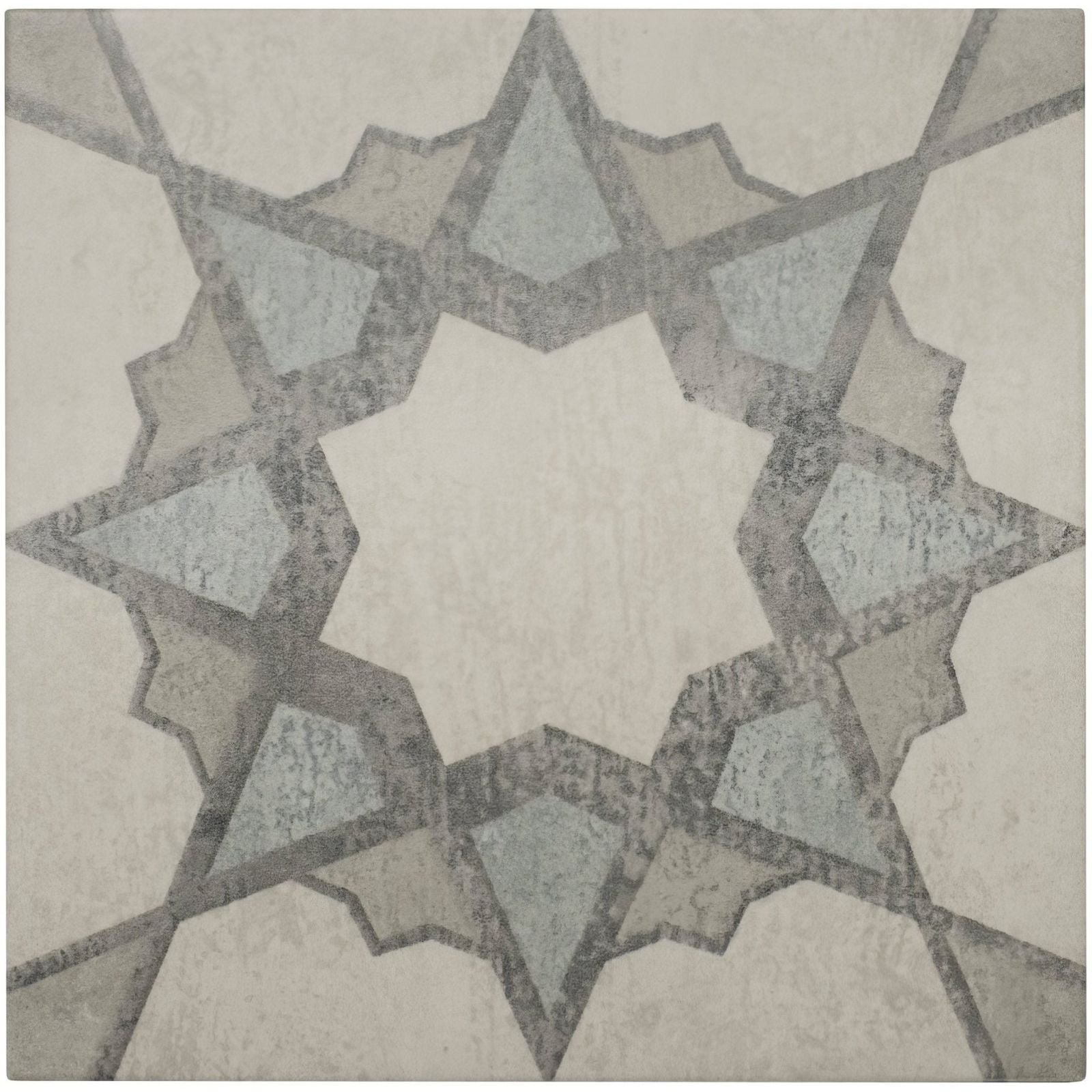 Mezzo soprano square ceramic tile with geometric star pattern in muted gray and beige textured distressed finish
