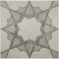 Mezzo soprano square ceramic tile with geometric star pattern in muted gray and beige textured distressed finish