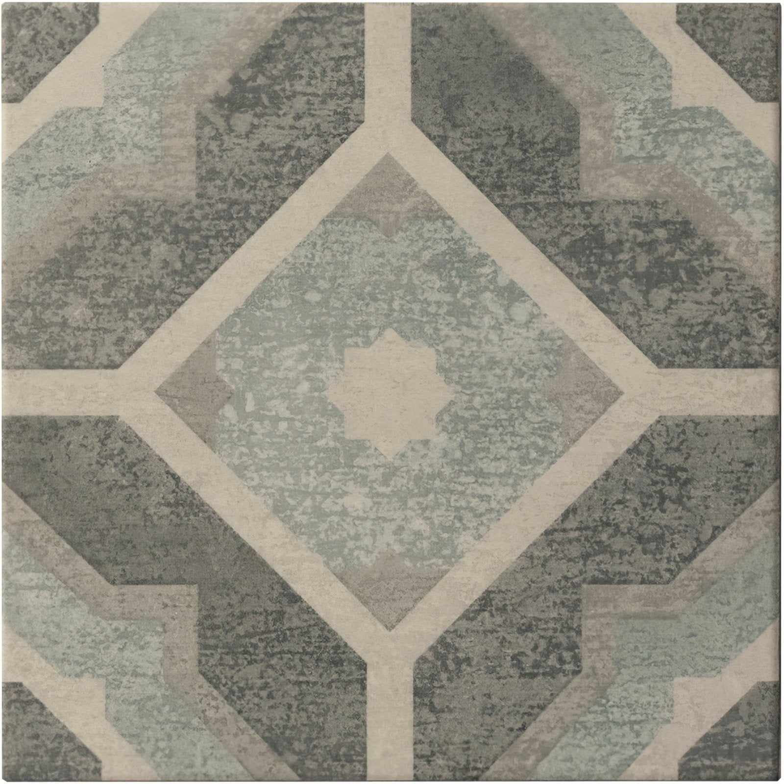 Mezzo Volante gray and beige geometric patterned tile with distressed vintage-inspired finish for flooring and walls