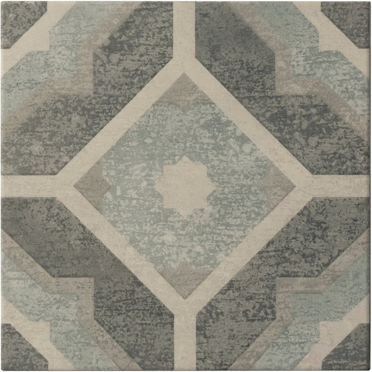 Mezzo Volante gray and beige geometric patterned tile with distressed vintage-inspired finish for flooring and walls