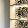 Midnight Pearl 25mm Square grey iridescent abalone shell mosaic with a black candle holder