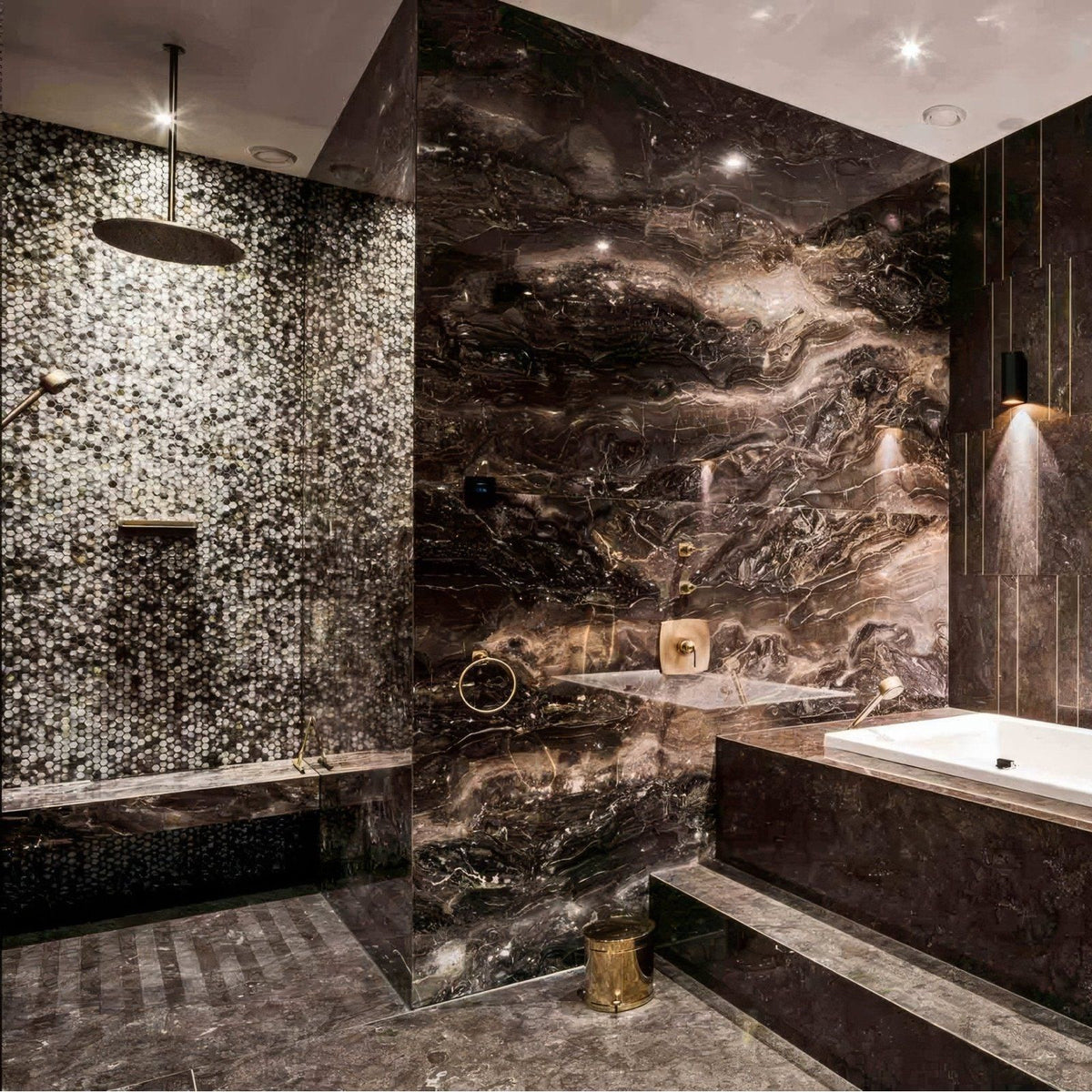 Midnight Pearl 25mm Square dark grey iridescent abalone shell mosaic walls with a white bathtub