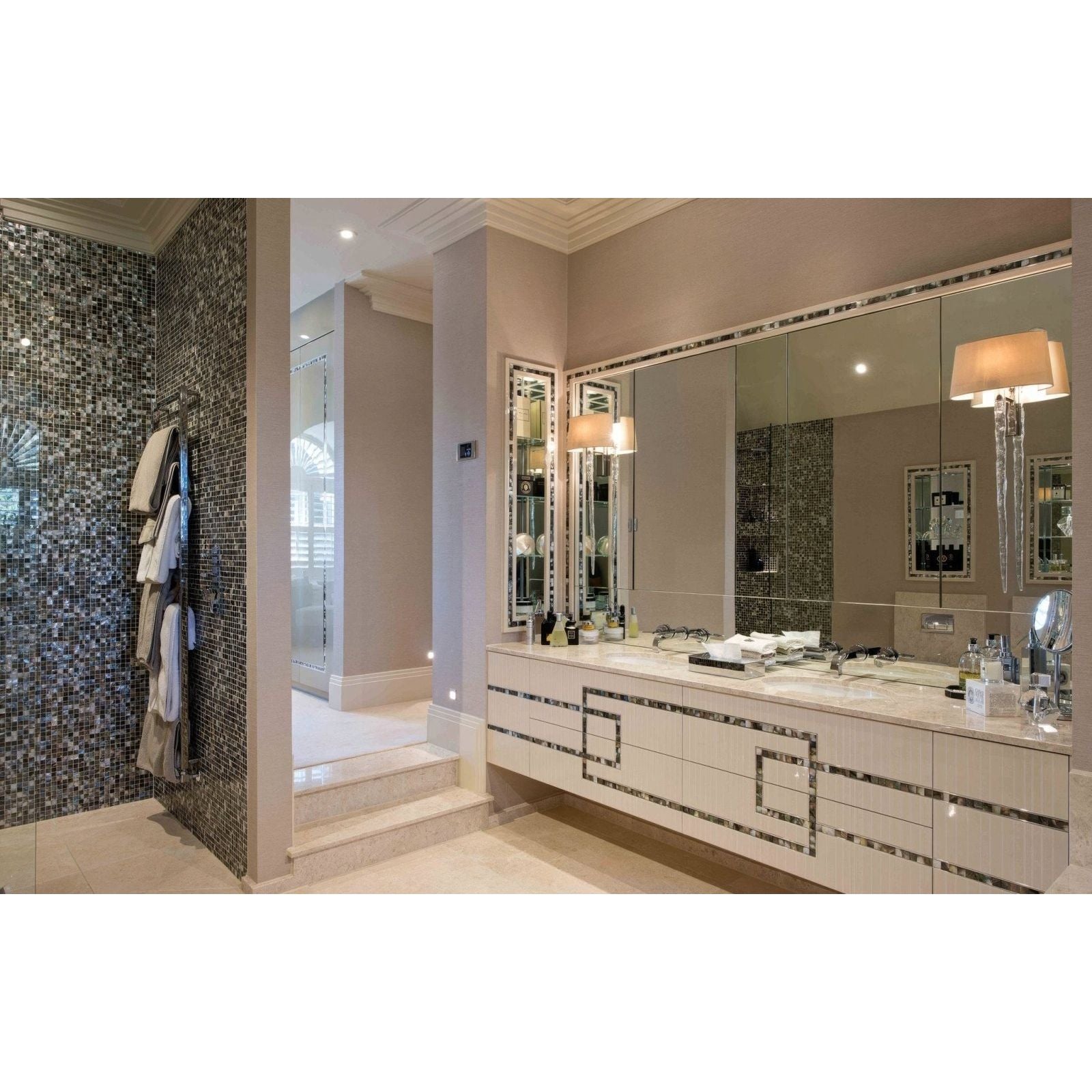 Midnight Pearl 25mm Square dark grey iridescent abalone shell mosaic with a white vanity and mirrored accents