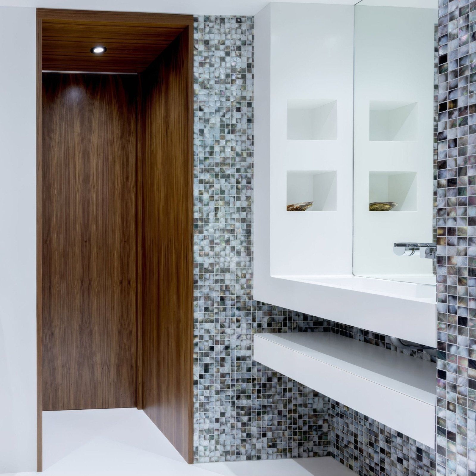 Midnight Pearl 25mm Square grey iridescent abalone shell mosaic wall with a white floating vanity