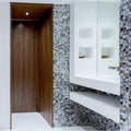 Midnight Pearl 25mm Square grey iridescent abalone shell mosaic wall with a white floating vanity