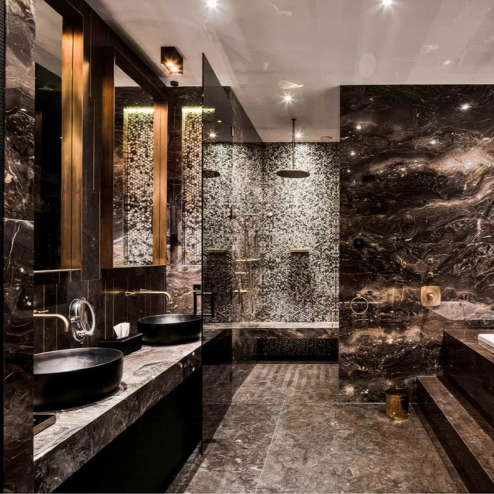 Midnight Pearl 25mm Square iridescent abalone shell mosaic with a black marble vanity and gold fixtures