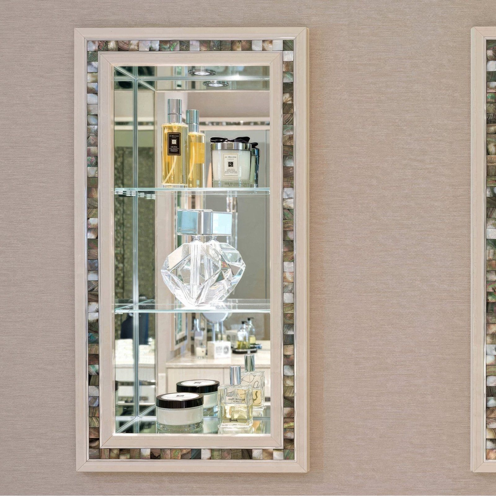 Midnight Pearl 25mm Square grey iridescent abalone shell mosaic mirrored wall shelf with perfume bottles