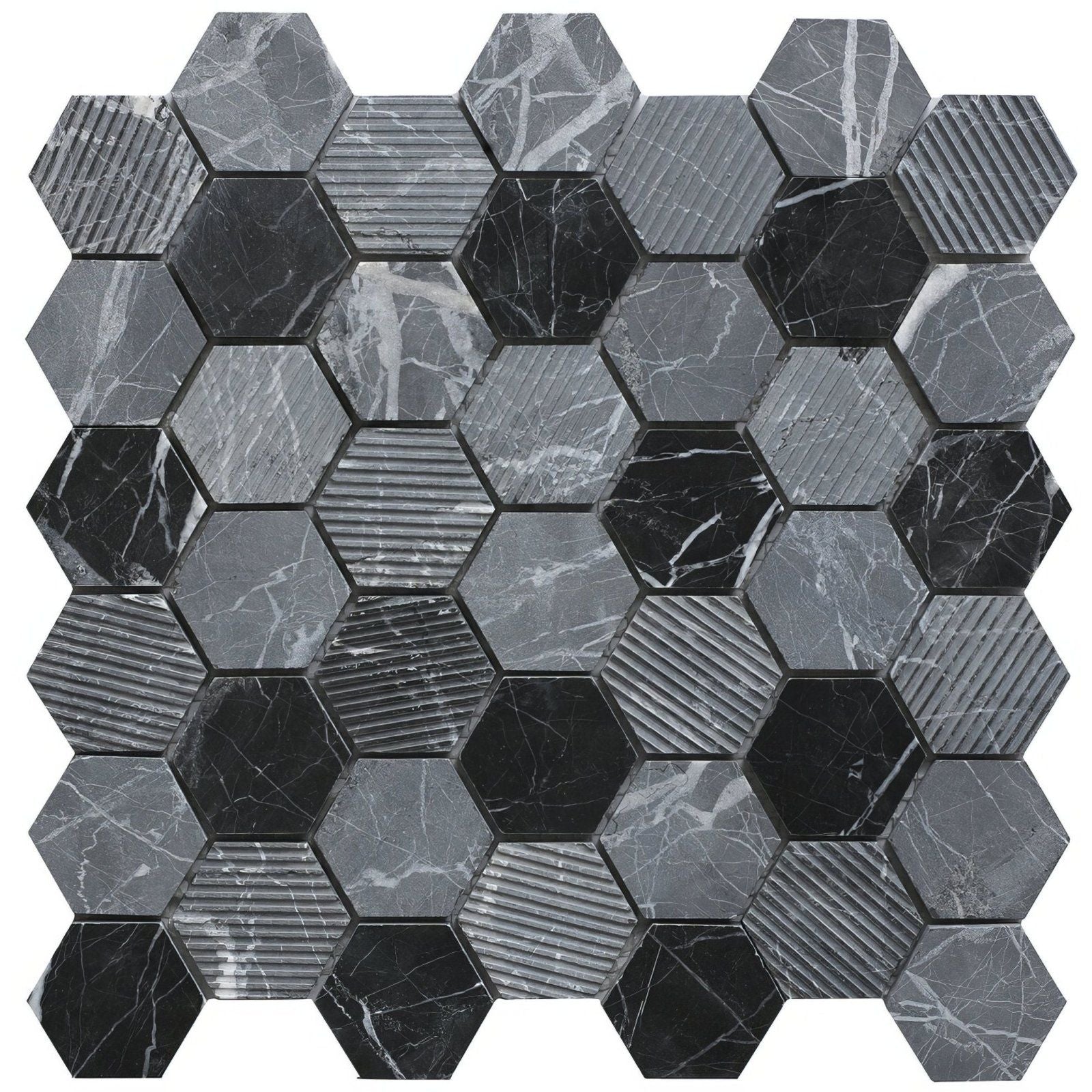 Midnight Stone Hexagon Mixed Finish Marble Mosaic