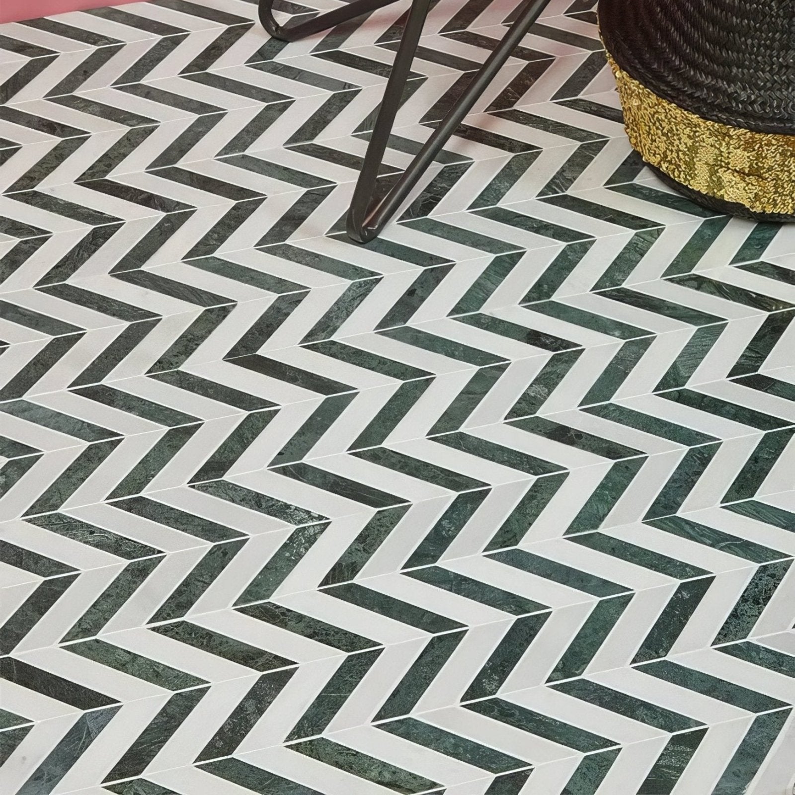 Black and white chevron patterned marble floor tiles from milan amazon marble mosaic collection