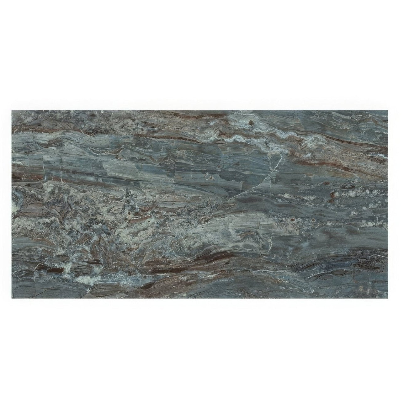 A rectangular slab of milos blue dark gray marble with swirling lighter gray brown and white veining 60 x 120cm