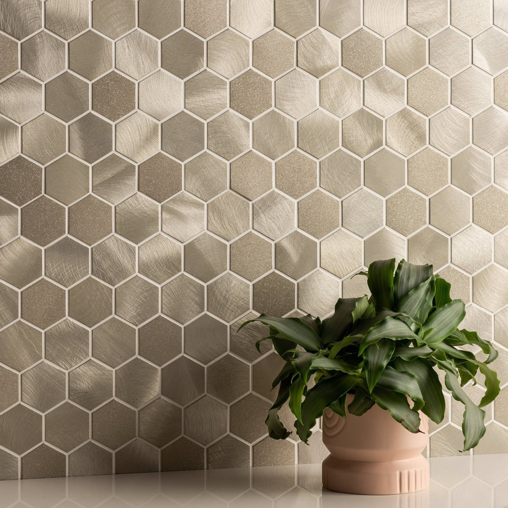 Mimas Gold Mixed Finish Hexagon Mosaic from Hyperion Tiles