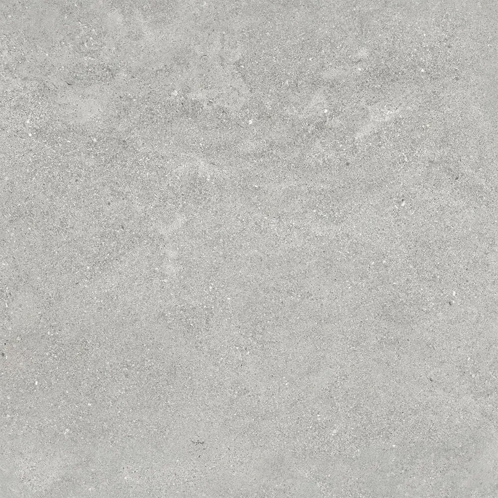 Mineral grey porcelain tile 100x100cm with a textured speckled surface in gray concrete finish