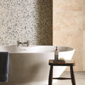 Ming Porcelain Mosaic blue and white cracked porcelain mosaic with a white freestanding bathtub